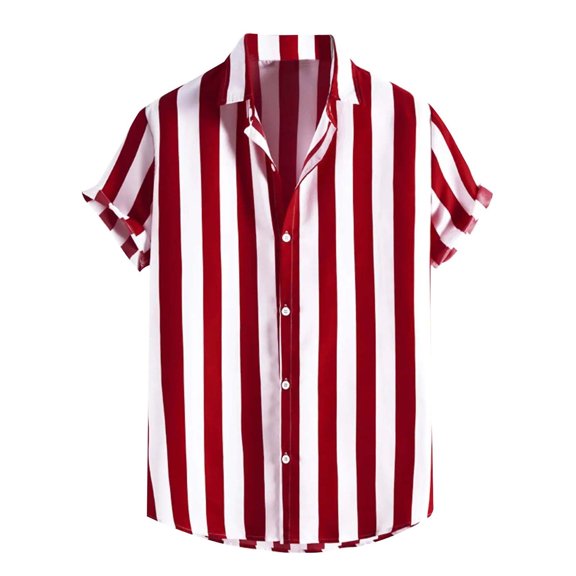 WREESH Men's Beach Button Down Shirts Casual Fashion Printing Turn-Down Collar Short Sleeve Breathable Shirts with Striped Pattern Top Red