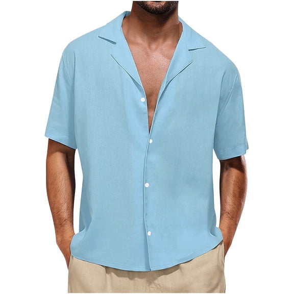WREESH Men's Beach Button Down Shirts Short Sleeve Cotton and Linen with Turn-Down Collar Perfect for Tropical and Casual Sky Blue