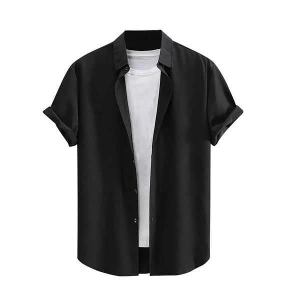 WREESH Men's Beach Button Down Shirts Short Sleeve Turndown Collar Shirts in Solid Color Pocketless Top Black