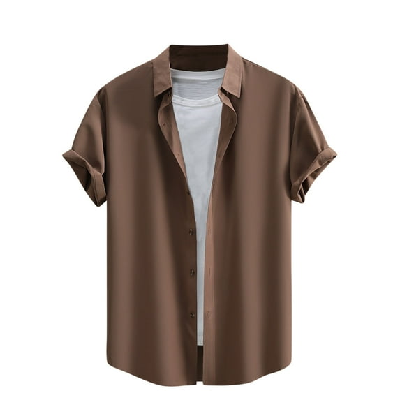 WREESH Men's Beach Button Down Shirts Short Sleeve Turndown Collar Shirts in Solid Color Pocketless Top Brown