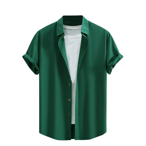 WREESH Men's Beach Button Down Shirts Short Sleeve Turndown Collar Shirts in Solid Color Pocketless Top Green