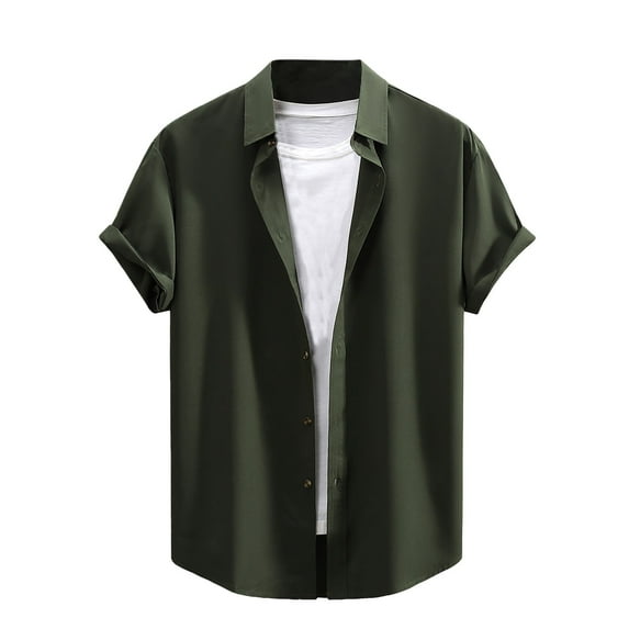 WREESH Men's Beach Button Down Shirts Short Sleeve Turndown Collar Shirts in Solid Color Pocketless Top Olive Green