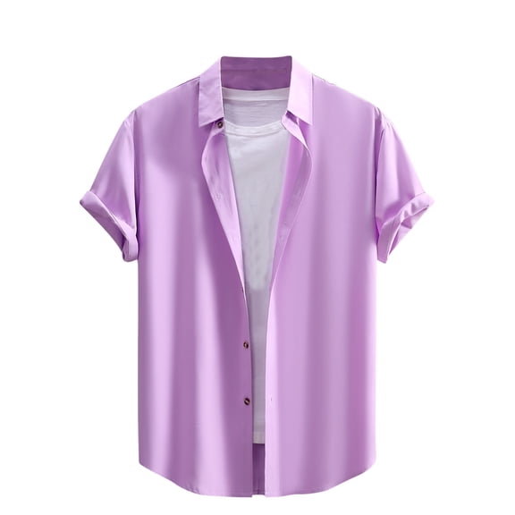 WREESH Men's Beach Button Down Shirts Short Sleeve Turndown Collar Shirts in Solid Color Pocketless Top Pink