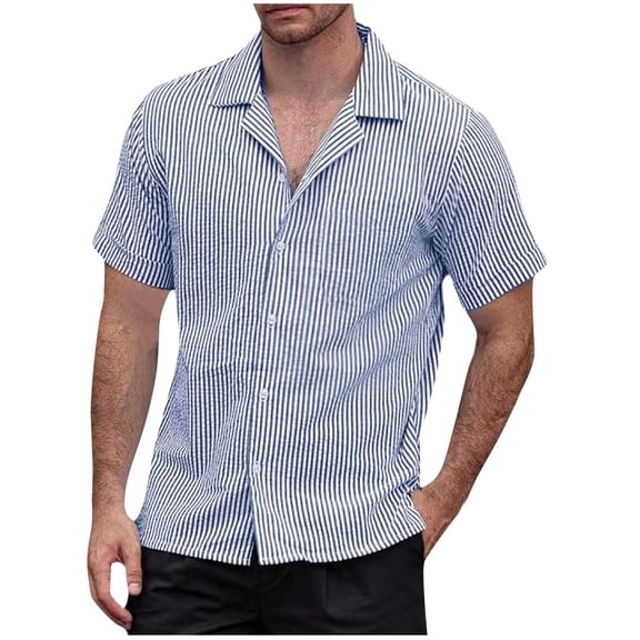 WREESH Men's Beach Fashion Short Sleeve Button Down Shirt with Cuban Neck and Striped Pattern Blue