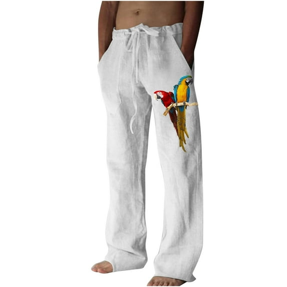 WREESH Men's Beach Pants Cotton Linen Wide Leg Pants Printed Drawstring Sports Pants Casual Pants White
