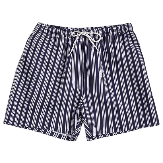 WREESH Men's Beach Shorts Swim Trunks Fashion Casual Drawstring Elastic Stripe Printing Beach Shorts Dark Blue
