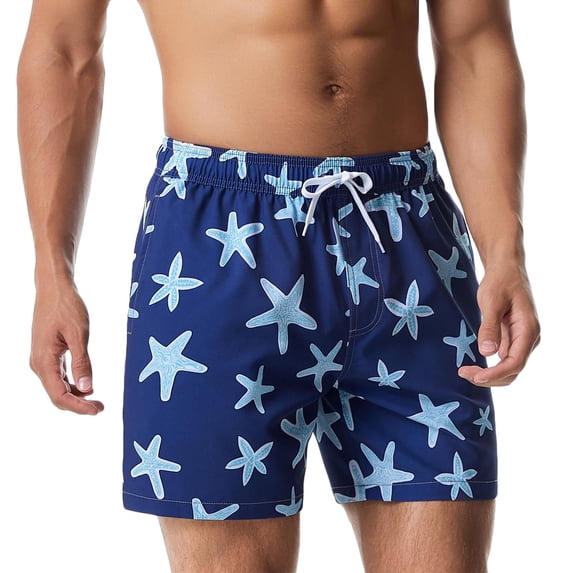 WREESH Men's Beach Shorts Swim Trunks Summer Outdoors Casual Drawstring Printing Sport Short Pants Dark Blue