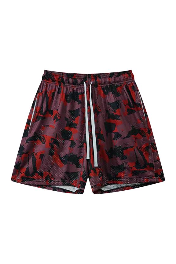 Men's Beach Shorts Swim Trunks Summer Quick Drying Shorts Printing Beach Fitness Run Casual Sports Mesh Breathable Short Pants Wine