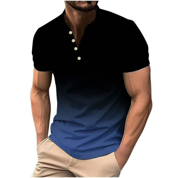 WREESH Men's Beach Vibe Henley Shirts Short Sleeve Gradient Shirt with Printing Button Perfect for Casual Multicolor