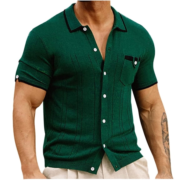 WREESH Men's Business Casual Button Down Shirts Knitwear Woolen Shirt with Pocket, Short Sleeve Solid Color Green