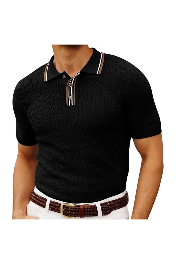 Men's Business Casual Henley Shirts Knitwear Woolen Shirt with Pocket and Solid Color for a Sophisticated Short Sleeve Look Black