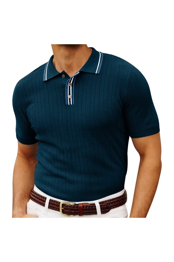 Men's Business Casual Henley Shirts Knitwear Woolen Shirt with Pocket and Solid Color for a Sophisticated Short Sleeve Look Blue