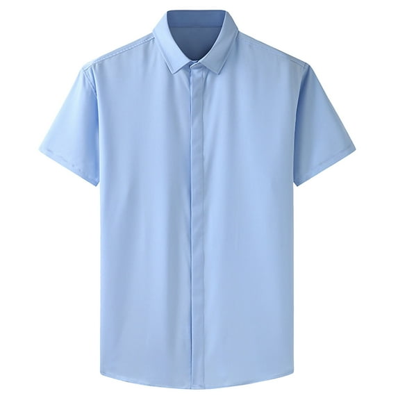 WREESH Men's Business Casual Shirts Button Down with Turndown Collar, Pocket, Short Sleeve Solid Print Thin Business Shirt Light Blue