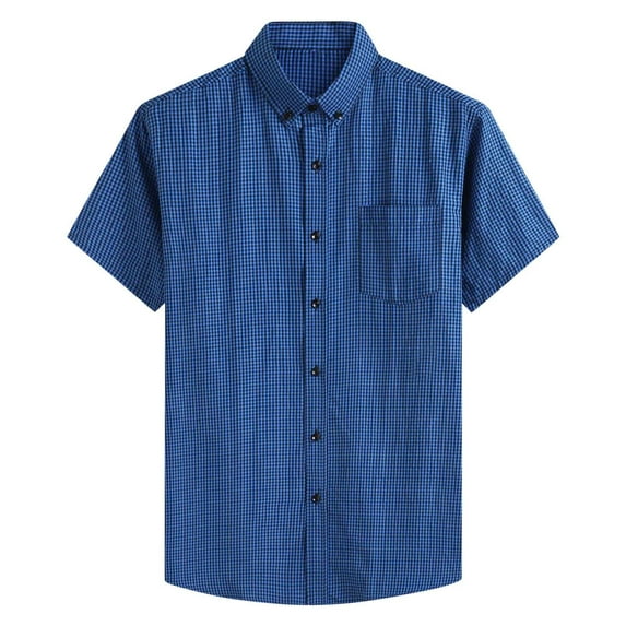 WREESH Men's Business Fashion Button Down Shirts Turndown Collar with Pocket and Short Sleeve Solid Color Pocket Button Collar Shirt Dark Blue