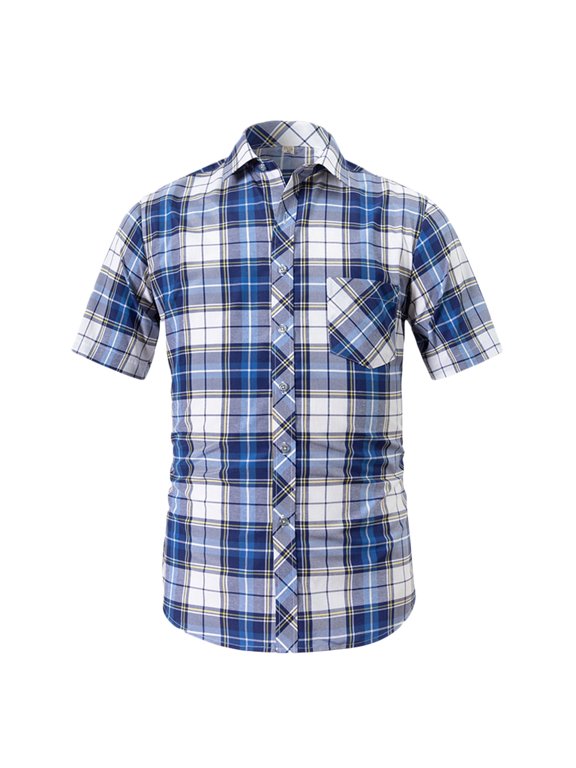 Men's Button Down Plaid Shirts Casual Short Sleeve with Cotton , Pocket, and Turndown Collar Dark Blue