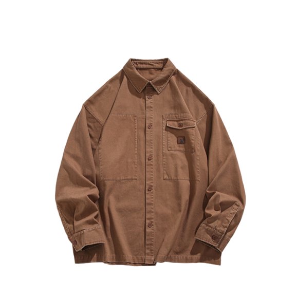 WREESH Men's Button Down Shirt Casual Fashion Turn-Down Collar with Pockets Long Sleeve Solid Color Work Shirt for Men Brown