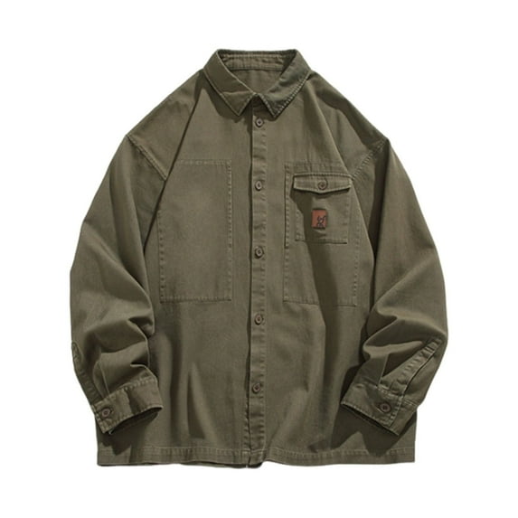 WREESH Men's Button Down Shirt Casual Fashion Turn-Down Collar with Pockets Long Sleeve Solid Color Work Shirt for Men Olive Green