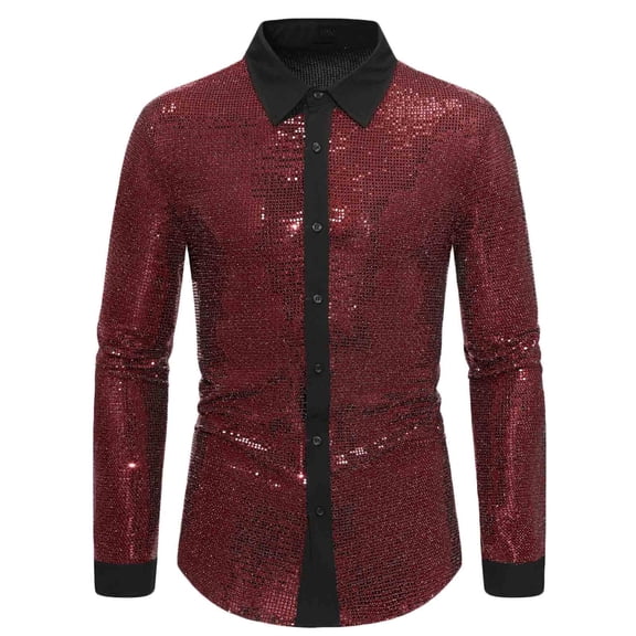 WREESH Men's Button Down Shirt Slim Casual T-Shirt Top with Graphic Prints Shiny Long Sleeve Top Red