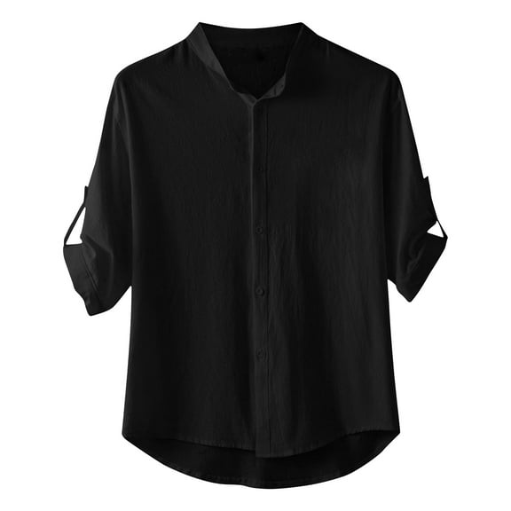WREESH Men's Button Down Shirt Solid Cotton and Linen Sleeve Pocket 3/4 Sleeve Stand-Up Collar Long- Sleeve Lapel Shirt Black