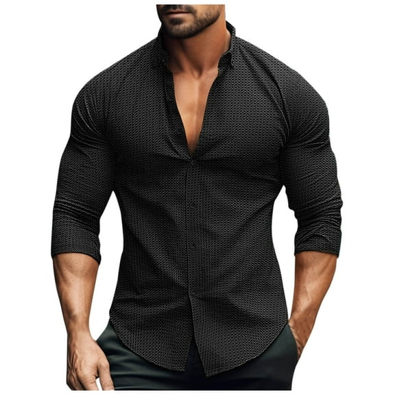 WREESH Men's Button Down Shirts Beach- Long Sleeve Button Up Shirts with Hawaiian Textured Patterns Black