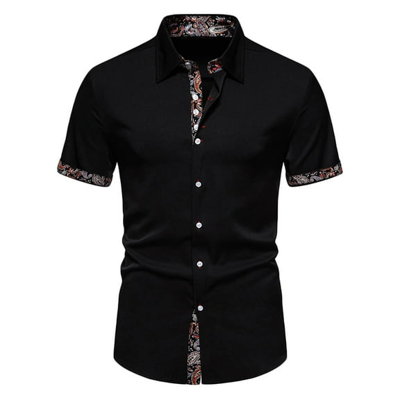 WREESH Men's Button Down Shirts Casual Fashion Short Sleeve with Turn Down Collar and Paisley Print Black