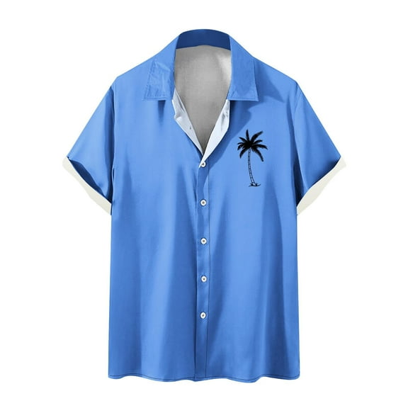 WREESH Men's Button Down Shirts Comfortable Short Sleeve Turndown Collar with Solid Print, Featuring Men's Tropical Tops Blue