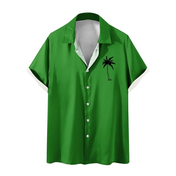 WREESH Men's Button Down Shirts Comfortable Short Sleeve Turndown Collar with Solid Print, Featuring Men's Tropical Tops Green