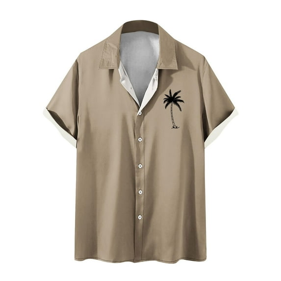 WREESH Men's Button Down Shirts Comfortable Short Sleeve Turndown Collar with Solid Print, Featuring Men's Tropical Tops Khaki