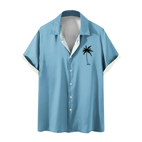WREESH Men's Button Down Shirts Comfortable Short Sleeve Turndown Collar with Solid Print, Featuring Men's Tropical Tops Light Blue
