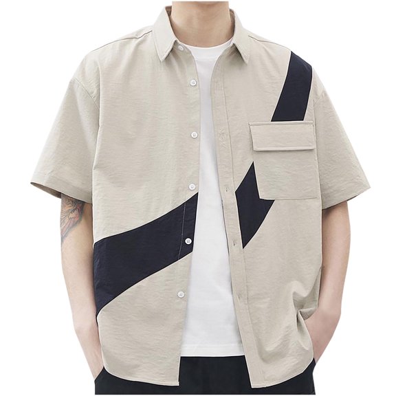 WREESH Men's Button Down Shirts Contrasting Casual Loose Short Sleeve Shirt Jackets with Solid Prints for Men's Trendy Casual Tops Beige
