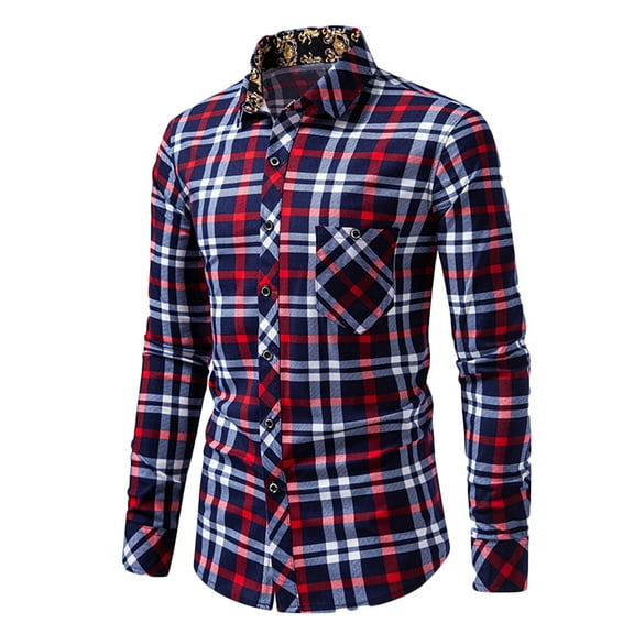 WREESH Men's Button Down Shirts Elegant Long Sleeve Plaid with Turn-Down Collar and Modern Print Red