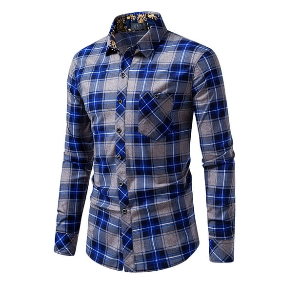 WREESH Men's Button Down Shirts Fashion Long Sleeve Plaid Dress Shirt with Button Down Collar and Classic Patte Blue