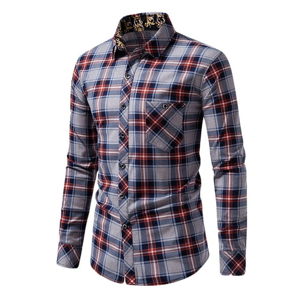 WREESH Men's Button Down Shirts Fashion Long Sleeve Plaid Dress Shirt with Button Down Collar and Classic Patte Red