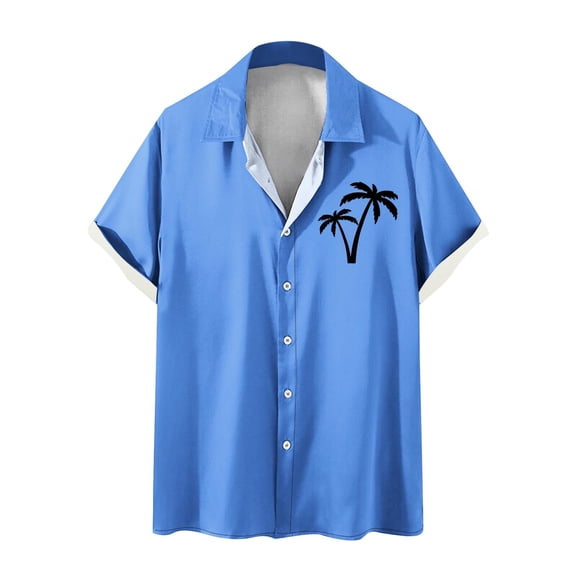 WREESH Men's Button Down Shirts Fashion Print Short Sleeve Turndown Collar Shirts Casual Tops Blue