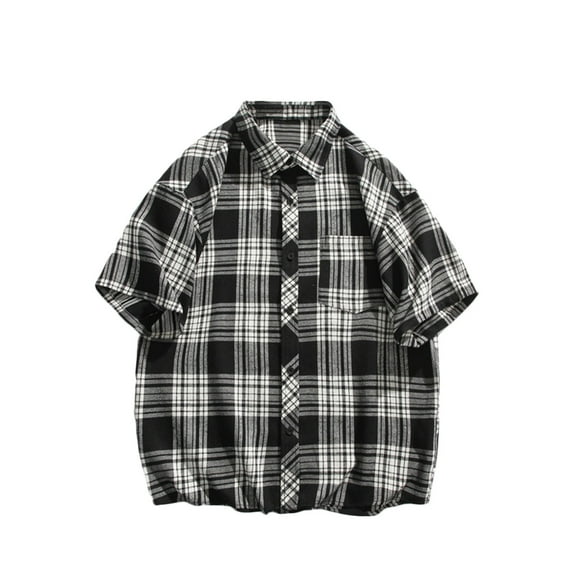WREESH Men's Button Down Shirts Short Sleeve Plaid Shirt with Button-Open Pockets for a Classic Men's Summer Wardrobe Black