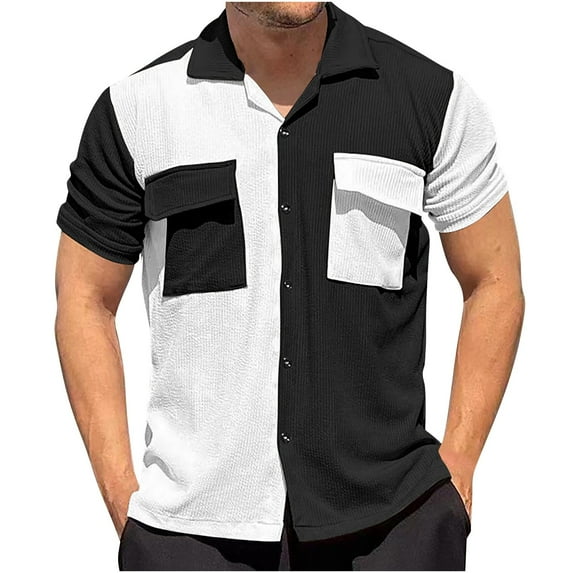 WREESH Men's Button Down Shirts Short Sleeve Turndown Collar Color Block Shirts Neck Top Black