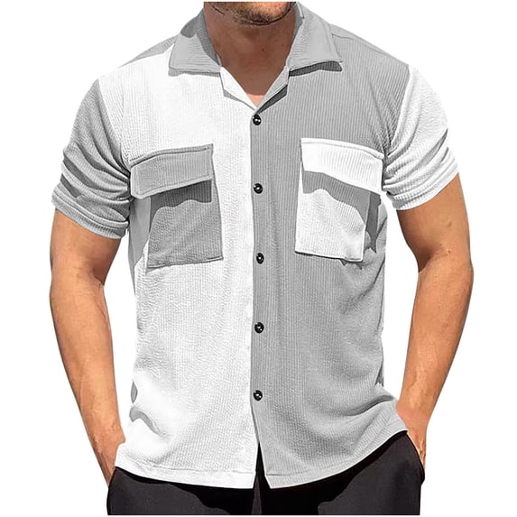 WREESH Men's Button Down Shirts Short Sleeve Turndown Collar Color Block Shirts Neck Top Gray