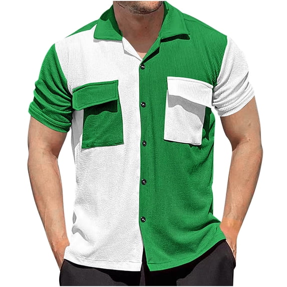 WREESH Men's Button Down Shirts Short Sleeve Turndown Collar Color Block Shirts Neck Top Green