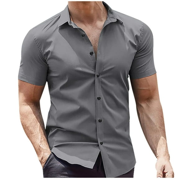 WREESH Men's Button Down Shirts Summer Short Sleeve Solid Color Fashion Home Casual Shirts with V-Neck for Men's Comfort Gray