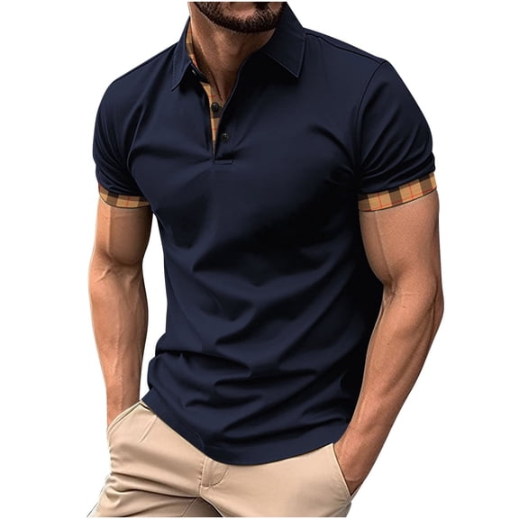 WREESH Men's Button-Up Henley Shirts Casual T-Shirt with Solid Color Turndown Collar and Short Sleeve for a Stylish Look Navy