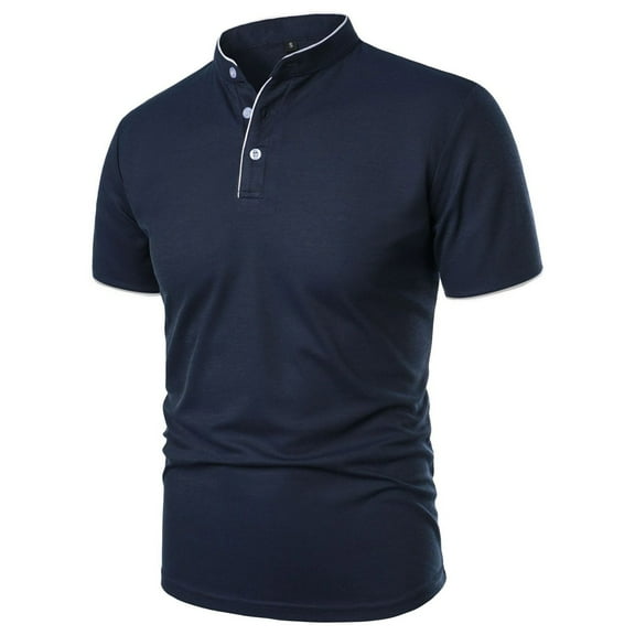 WREESH Men's Button-Up Henley Shirts Short Sleeve Solid Color Shirt with Stand Up Collar a Comfortable 3-Button Casual Top Navy