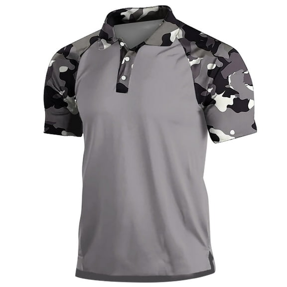 WREESH Men's Camouflage Button-Up Henley Shirts Casual Short Sleeve T-Shirt with Turn Down Collar and Side Slit a Stylish Camouflage Pattern for Men Dark Gray
