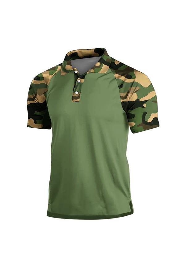 Men's Camouflage Henley Shirts Casual Printed Short Sleeve T-Shirt with Turn Down Collar and Buttons Raglan Sleeve Top for An Active Olive Green