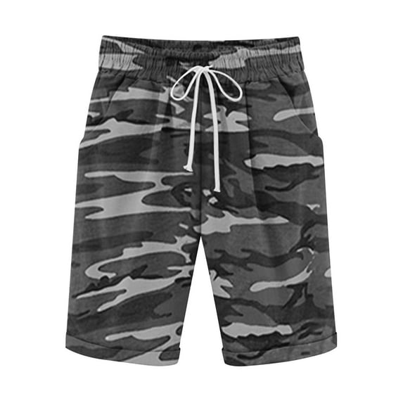 WREESH Men's Camouflage Shorts Bermuda Shorts Cotton Linen Shorts Drawstring Waist Casual Short Pants Outdoor Workout Shorts Gray