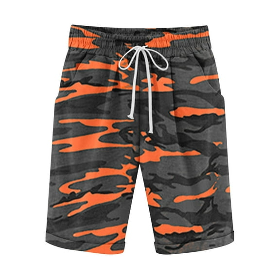 WREESH Men's Camouflage Shorts Bermuda Shorts Cotton Linen Shorts Drawstring Waist Casual Short Pants Outdoor Workout Shorts Orange