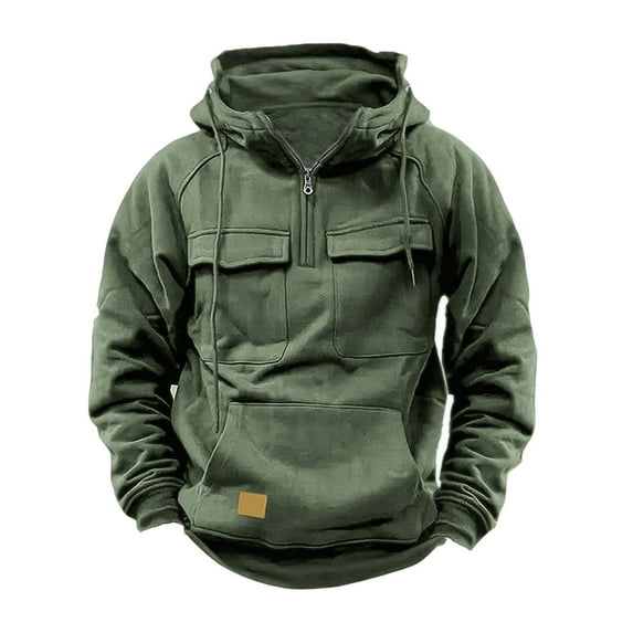 WREESH Men's Cargo Hoodies Quarter Zip Sweatshirts Solid Tactical Pullover Casual Loose Long Sleeve Hooded Sweatshirts Workout Outdoor Sweatshirt with Multi-Pocket Mint Green
