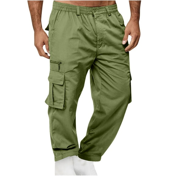 WREESH Men's Cargo Pants Solid Casual Multiple Zipper Button Pockets Outdoor Straight Type Fitness Pants Trousers Olive Green