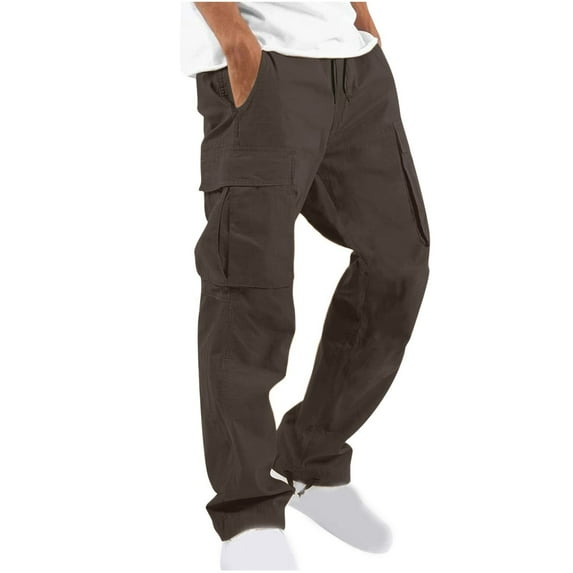 WREESH Men's Cargo Pants Solid Wide Leg Drawstring Pants Casual Multiple Pockets Outdoor Straight Type Fitness Pants Trousers Brown