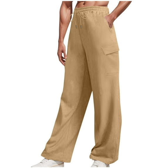WREESH Men's Cargo Pants Sweatpants Heavy Solid Color Straight Wide Leg Pants Casual Sports Pants Khaki