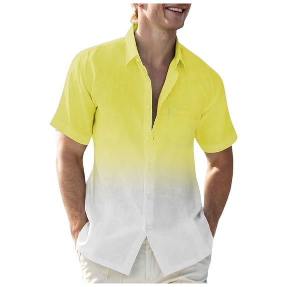 WREESH Men's Casual Beach Button Down Shirts Short Sleeve Turndown Collar Breathable Shirts with Pockets Yellow